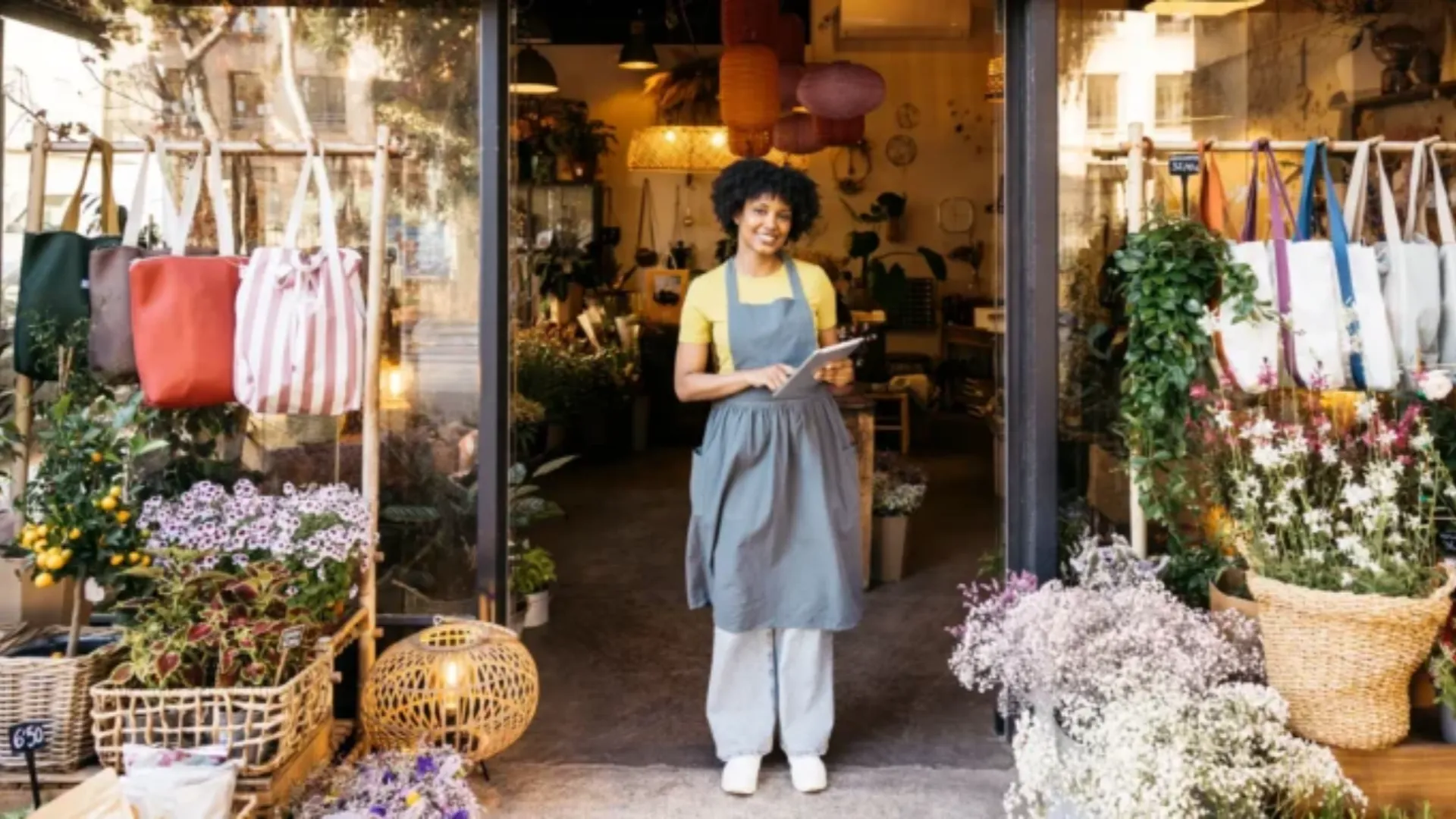 Smiling florist standing at shop entrance with tablet.