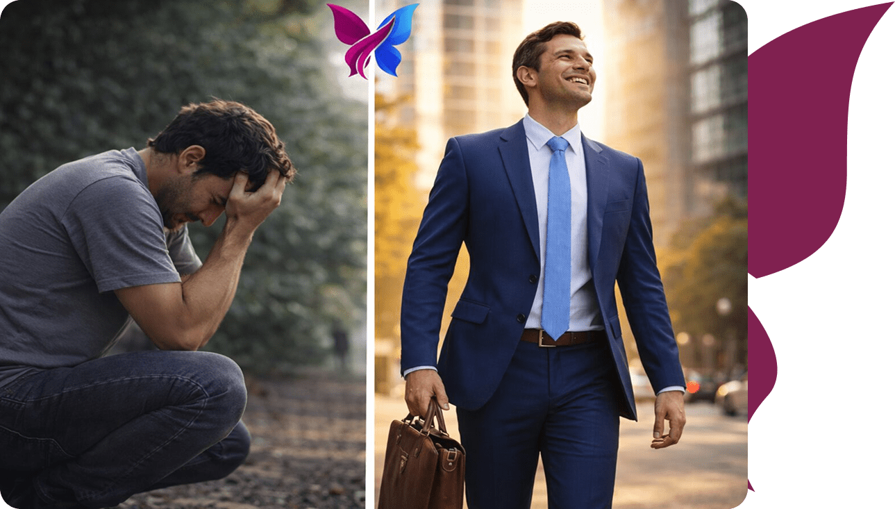 Contrast between despair and success in different moments.