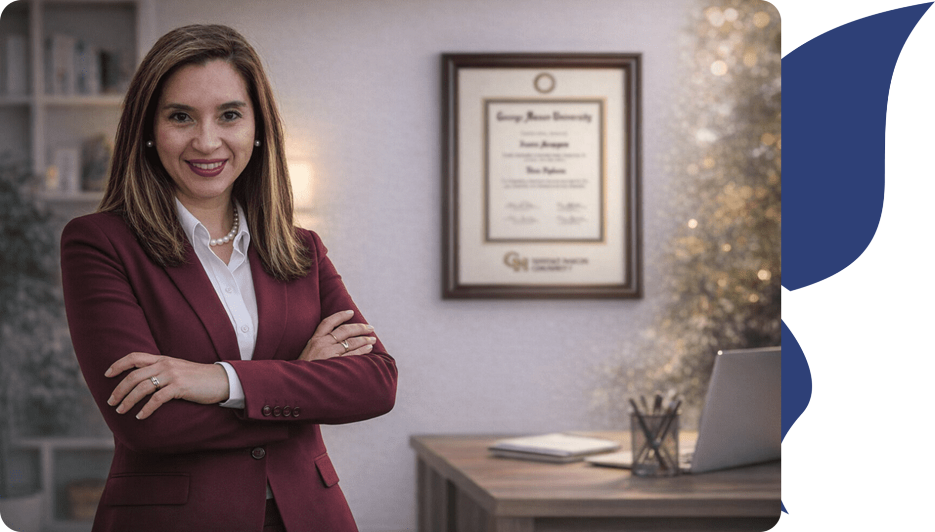 Professional woman standing confidently in an office with a framed diploma.